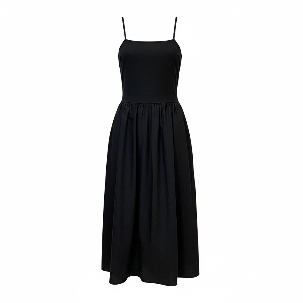 The Drop Women Black Mixed Media Midi Dress Pockets XL Square Neck Cotton Blend